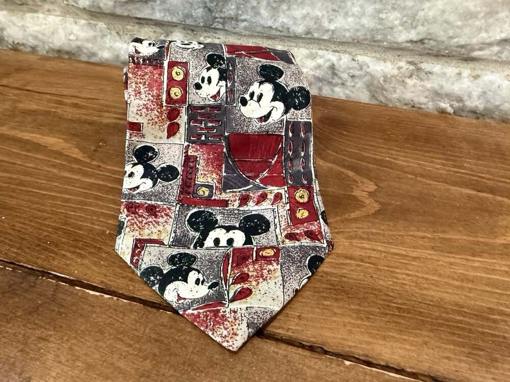 Vintage Mickey Unlimited Tie Mens Red Gray Disney Mickey Mouse Neck Tie 90s